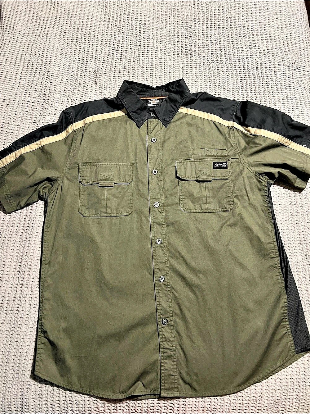 Harley-Davidson Performance Button-Up Shirt Color Block Shirt Green Black XL